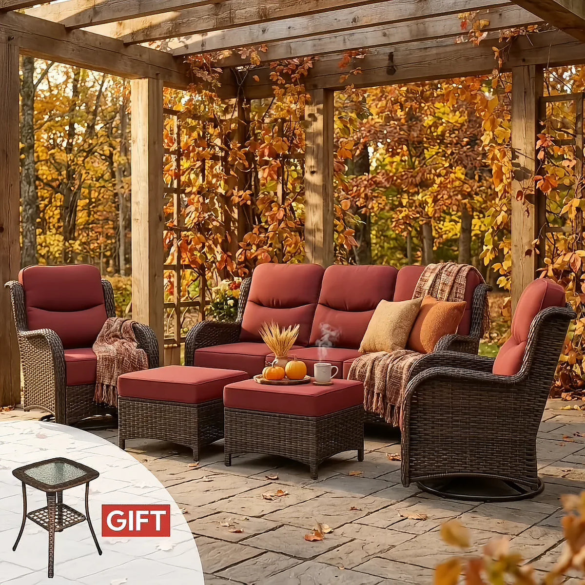 Hawthorne 5 Piece Patio Rattan Sofa Set with Swivel Chairs & Ottomans