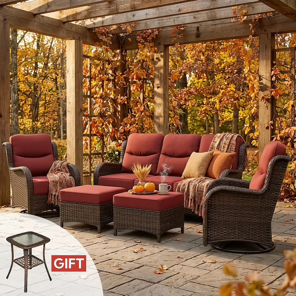 Hawthorne 5 Piece Patio Rattan Sofa Set with Swivel Chairs & Ottomans