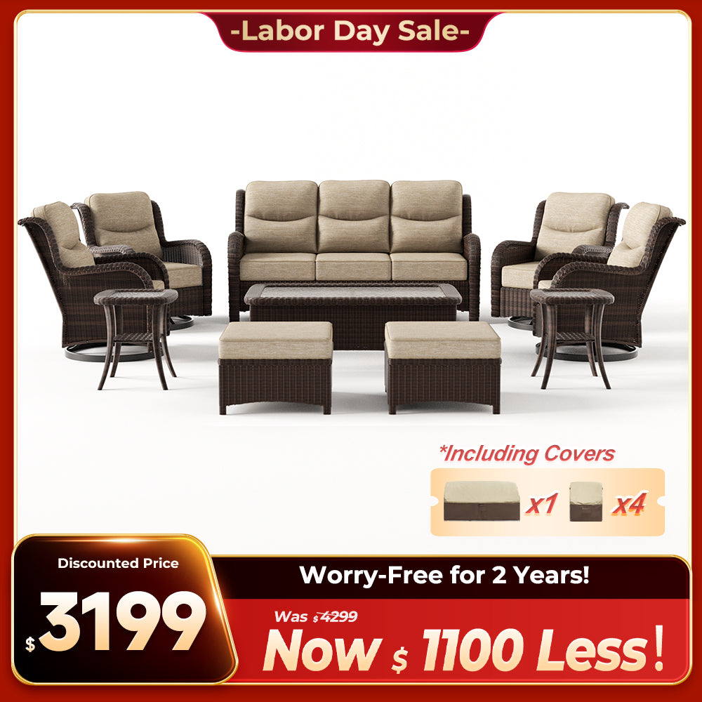 Ardenelle Luxury 10 Piece Patio Wicker Sofa Set With Ottomans, Tables