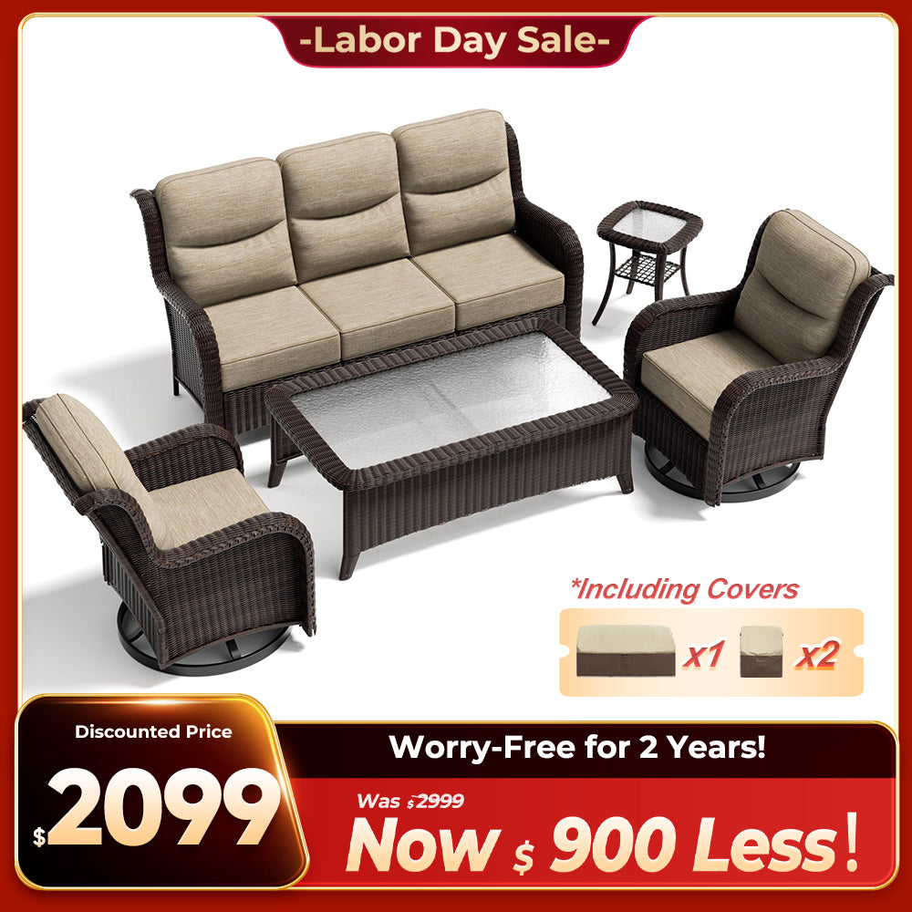 Ardenelle Luxury 5 Piece Patio Wicker Sofa Set With Tables