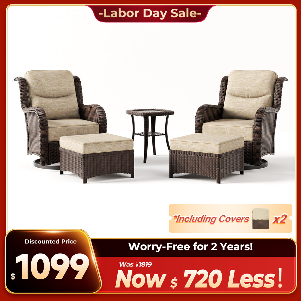Ardenelle 5 Piece Patio Wicker Conversation Set With Ottomans
