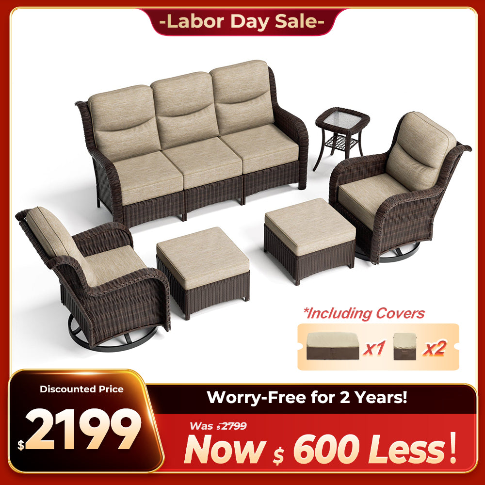 Ardenelle Luxury 6 Piece Patio Wicker Sofa Set With Ottomans, Side tables