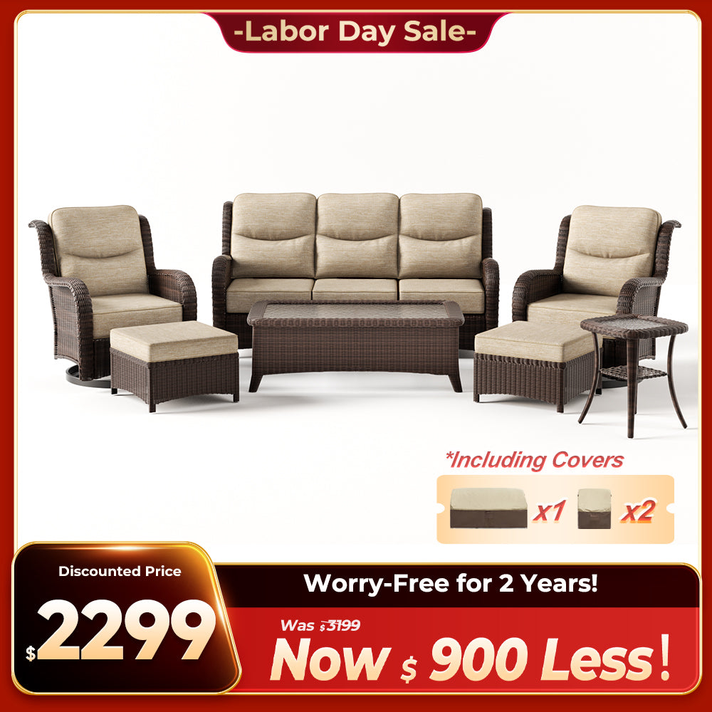 Ardenelle Luxury 7 Piece Patio Wicker Sofa Set With Ottomans, Tables