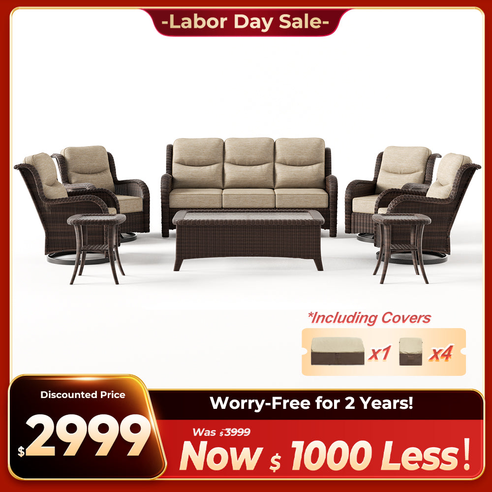 Ardenelle Luxury 7 Piece Patio Wicker Sofa Set With Tables