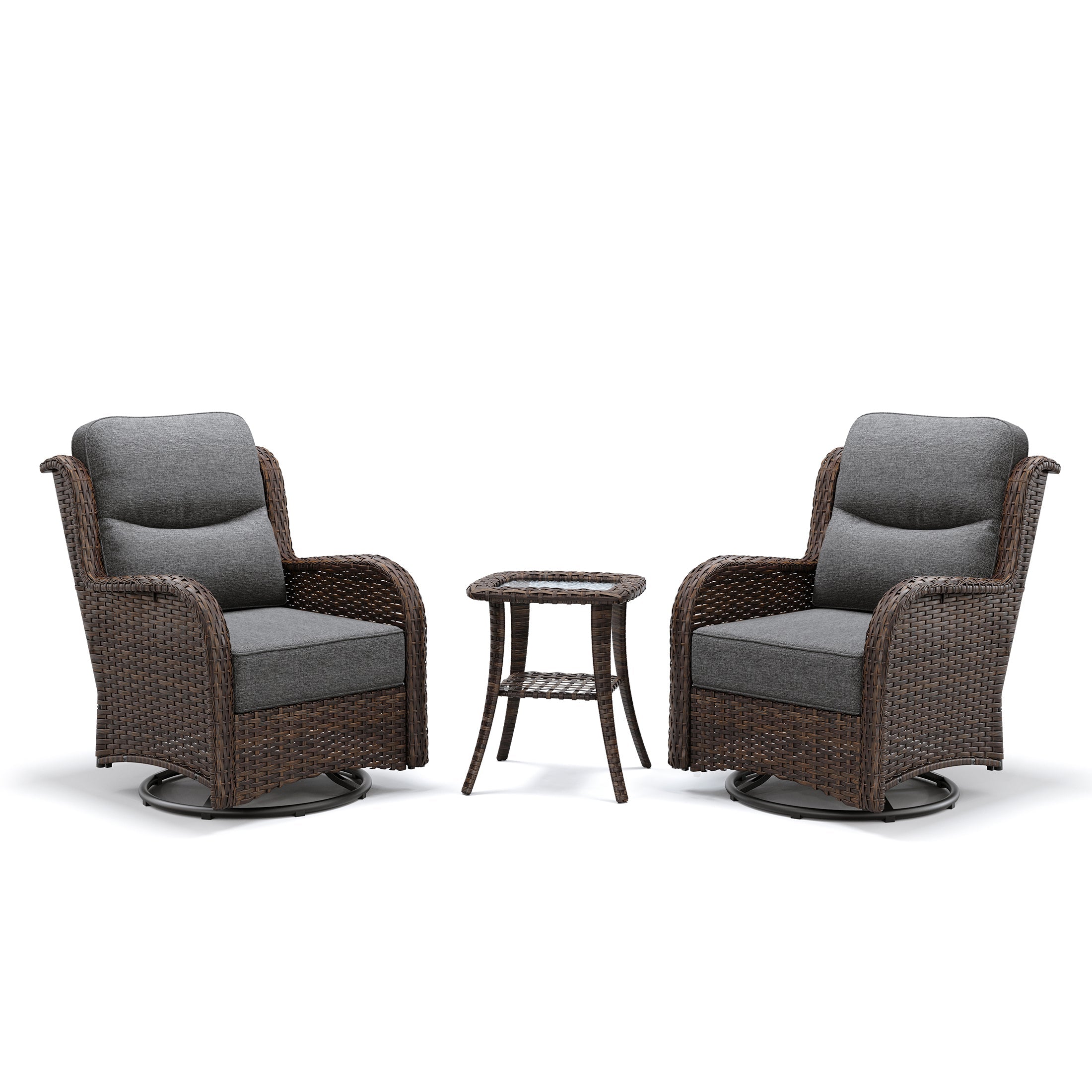 Hawthorne 3 Piece Outdoor Wicker 360° Swivel Conversation Set With Cushions & Side Table For Porch