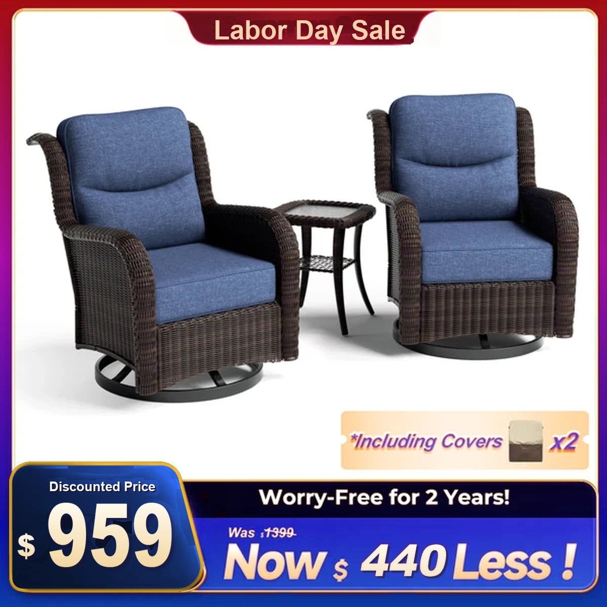 Ardenelle Luxury 3 Piece Patio Wicker Conversation Set With Side Table