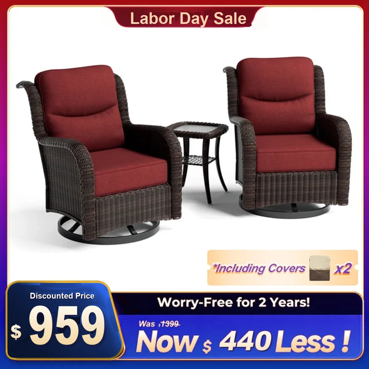 Ardenelle Luxury 3 Piece Patio Wicker Conversation Set With Side Table