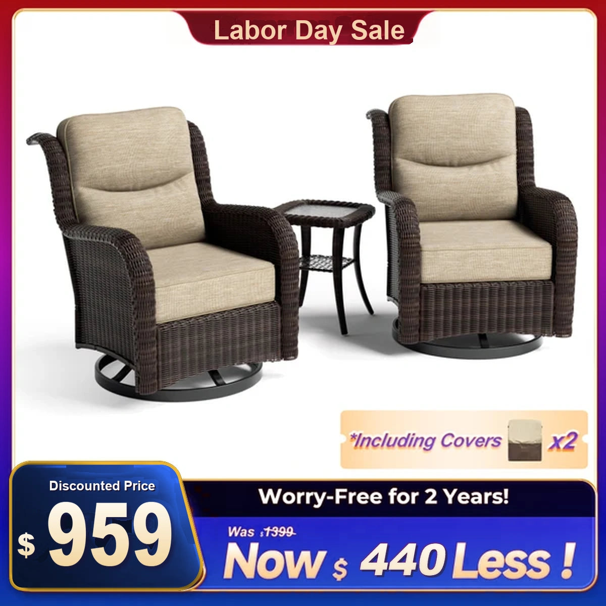 Ardenelle Luxury 3 Piece Patio Wicker Conversation Set With Side Table