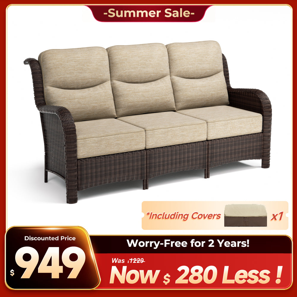 Ardenelle Luxury 3 Piece Patio Wicker Conversation Set With High Back 6-Inch Cushions For Deck