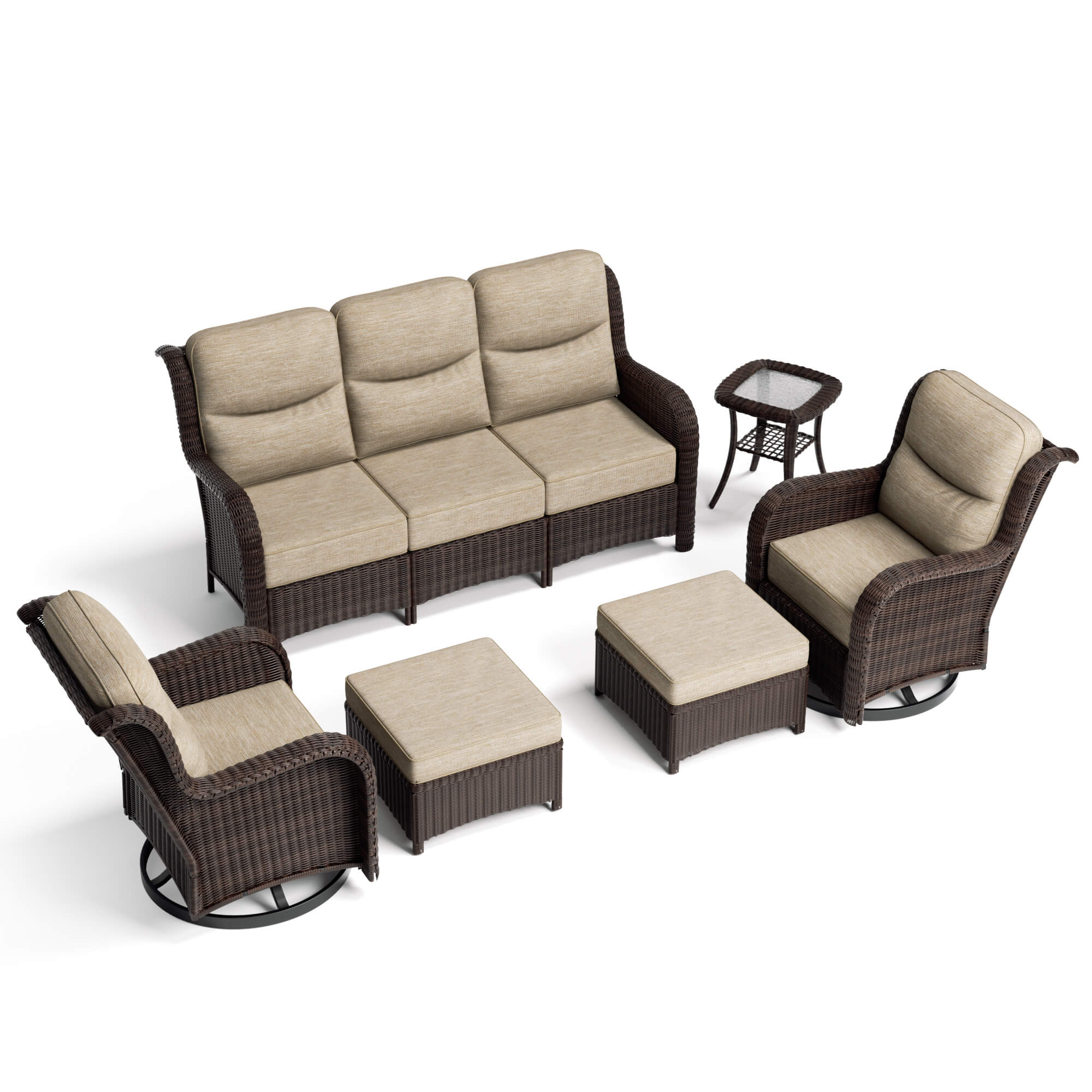 Ardenelle Luxury 6 Piece Patio Wicker Sofa Set With Ottomans, Side tables
