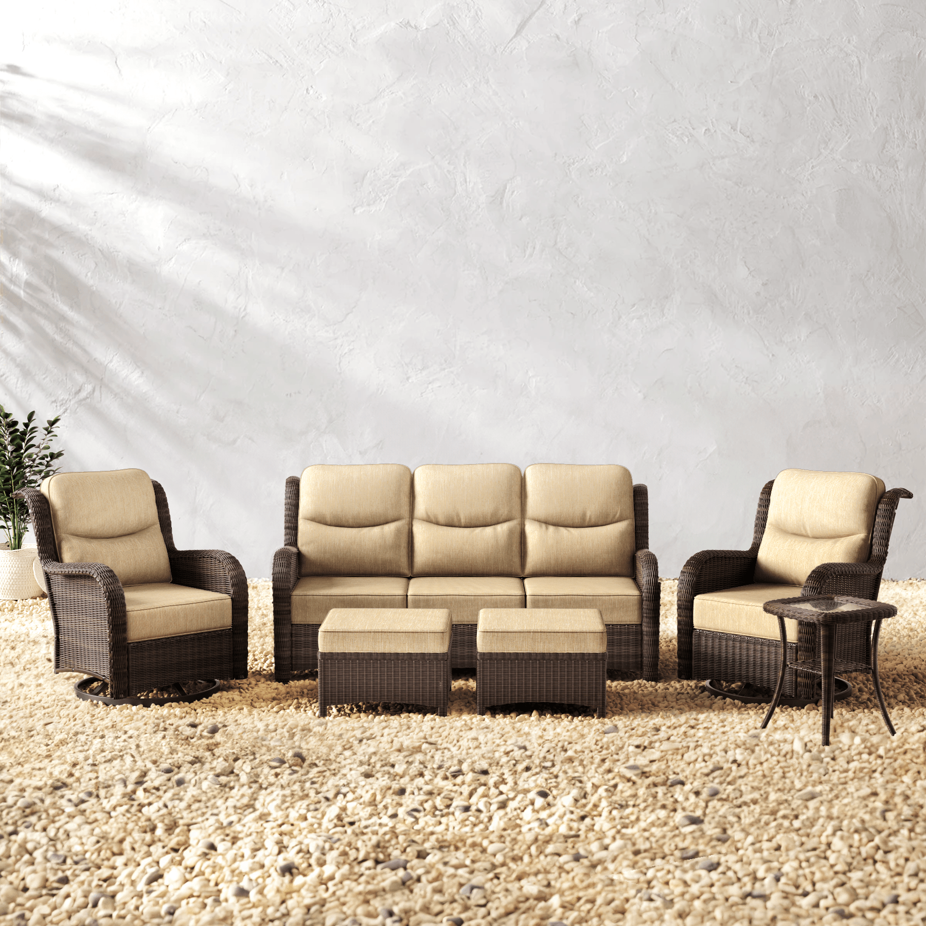Ardenelle Luxury 6 Piece Patio Wicker Sofa Set With Ottomans, Side tables