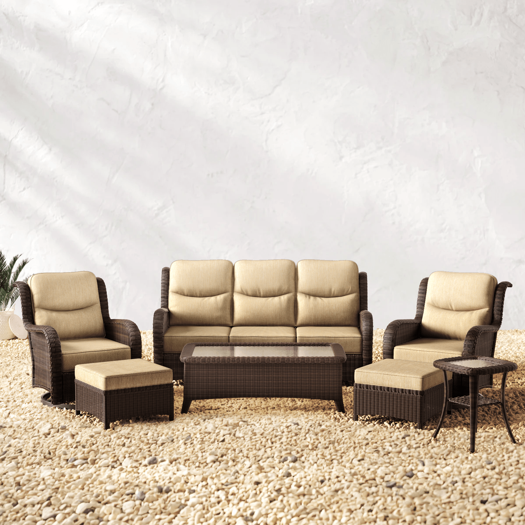Ardenelle Luxury 7 Piece Patio Wicker Sofa Set With Ottomans, Tables