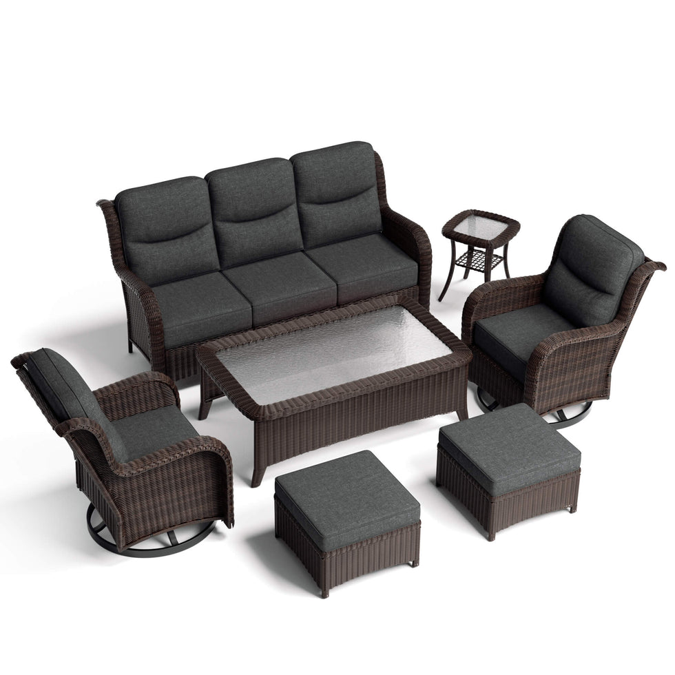 Ardenelle Luxury 7 Piece Patio Wicker Sofa Set With Ottomans, Tables
