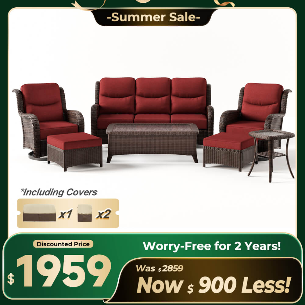 Ardenelle Luxury 7 Piece Patio Wicker Sofa Set With Ottomans, Tables