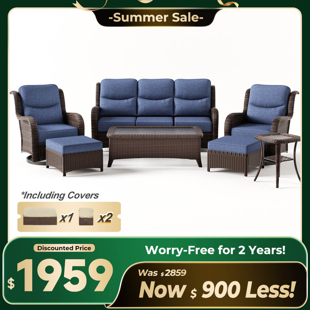 Ardenelle Luxury 7 Piece Patio Wicker Sofa Set With Ottomans, Tables