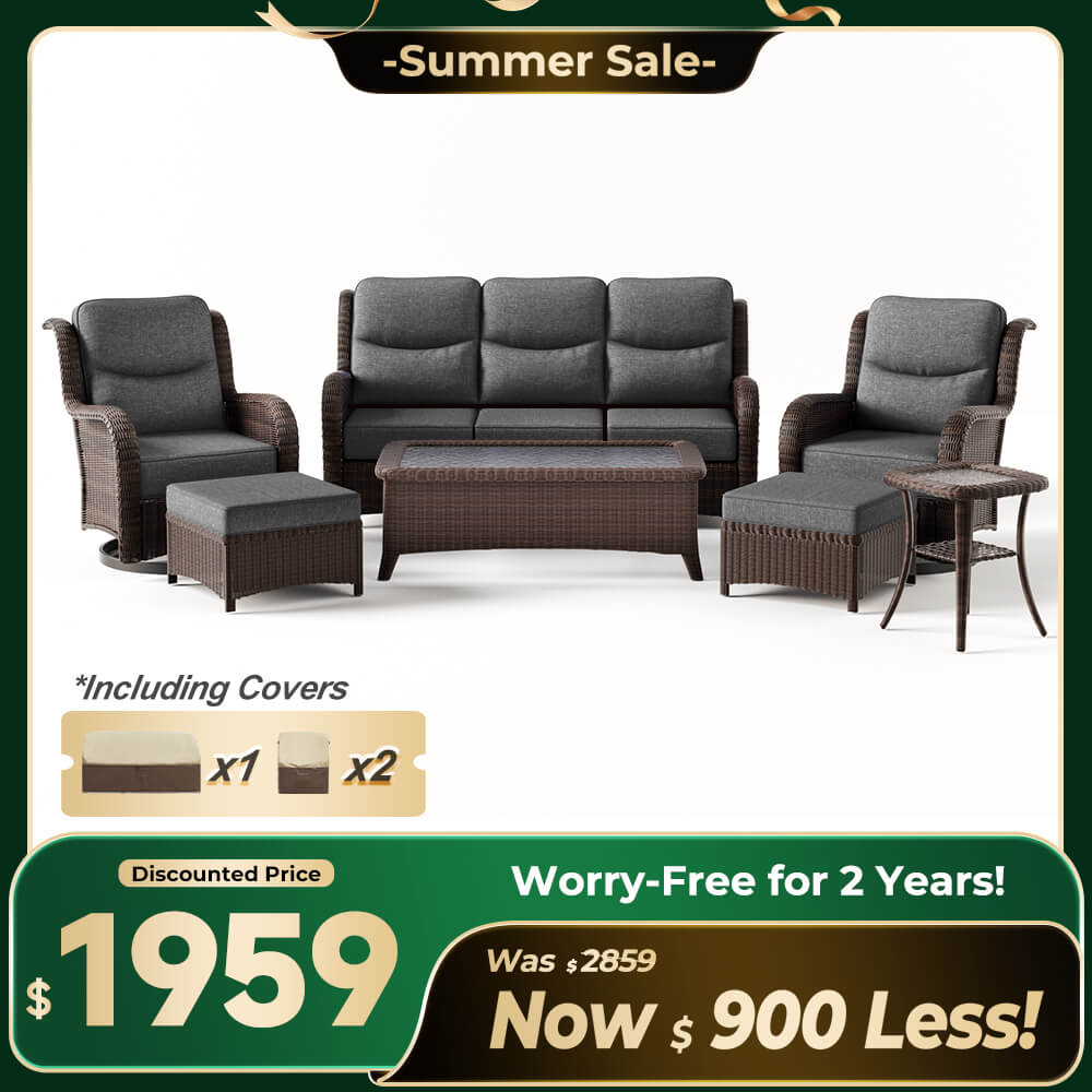 Ardenelle Luxury 7 Piece Patio Wicker Sofa Set With Ottomans, Tables