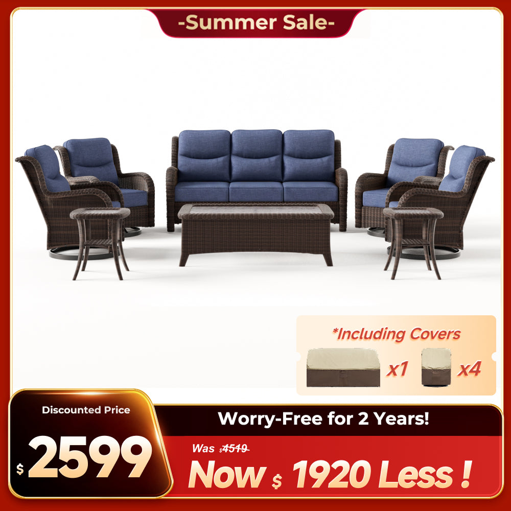 Ardenelle Luxury 7 Piece Patio Wicker Blue Sofa Set With Tables
