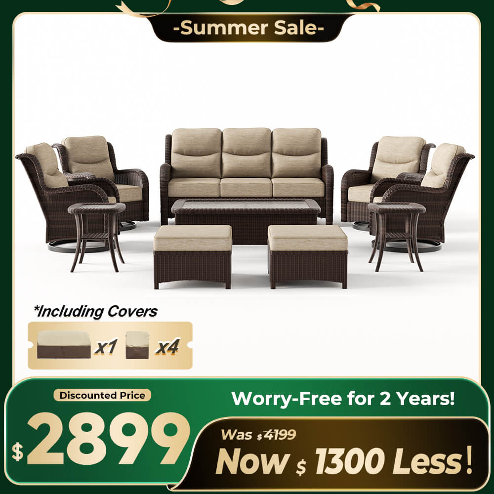 Ardenelle Luxury 10 Piece Patio Wicker Sofa Set With Ottomans, Tables
