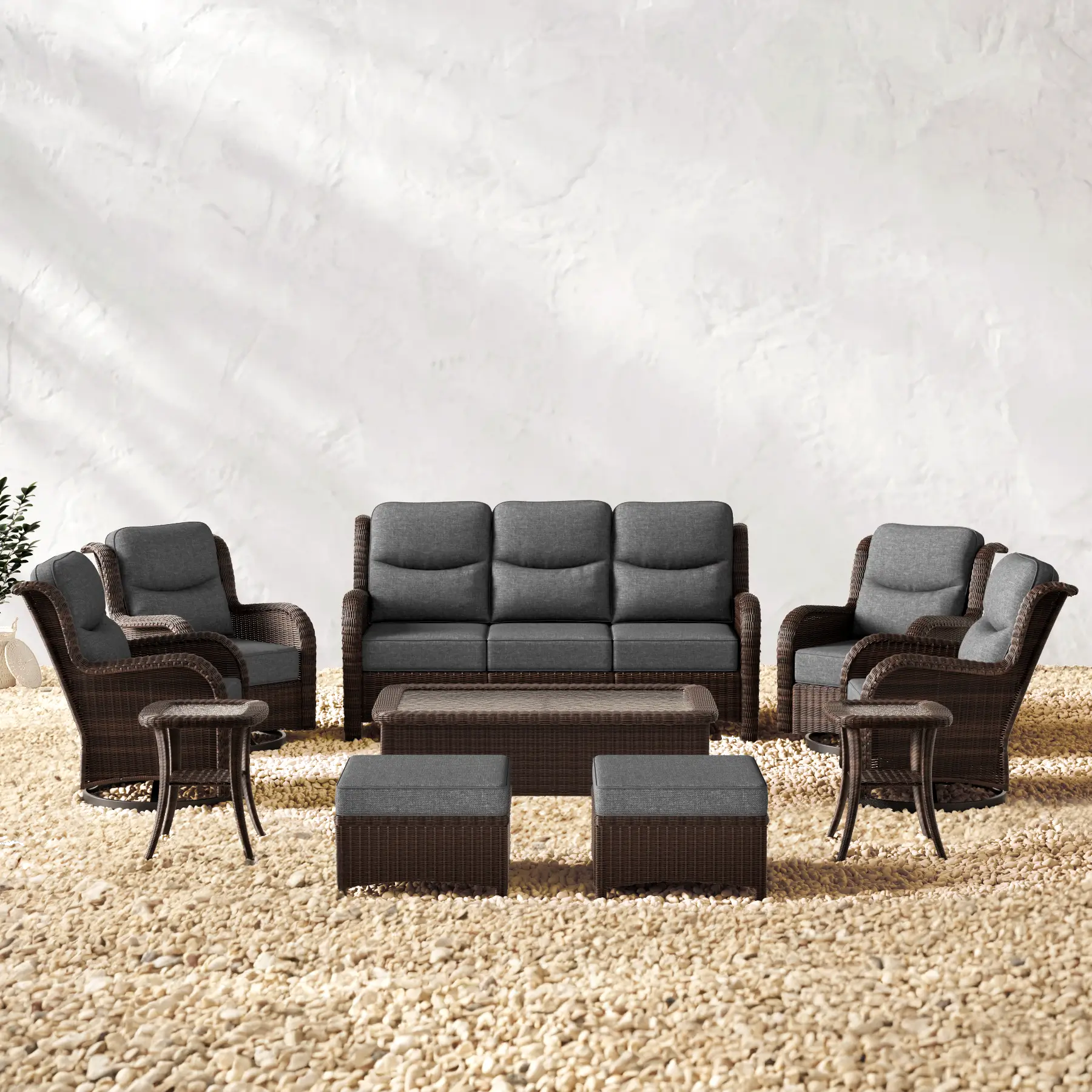 Ardenelle Luxury 10 Piece Patio Wicker Sofa Set With Ottomans, Tables