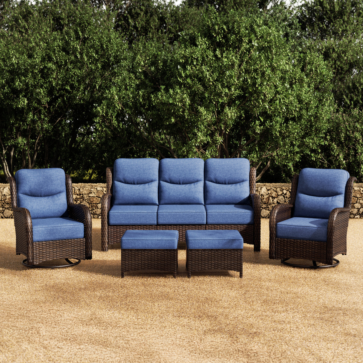 Hawthorne Blue Wicker Furniture Patio Sofa And Swivel Glider Chairs With 6-Inch Cushions