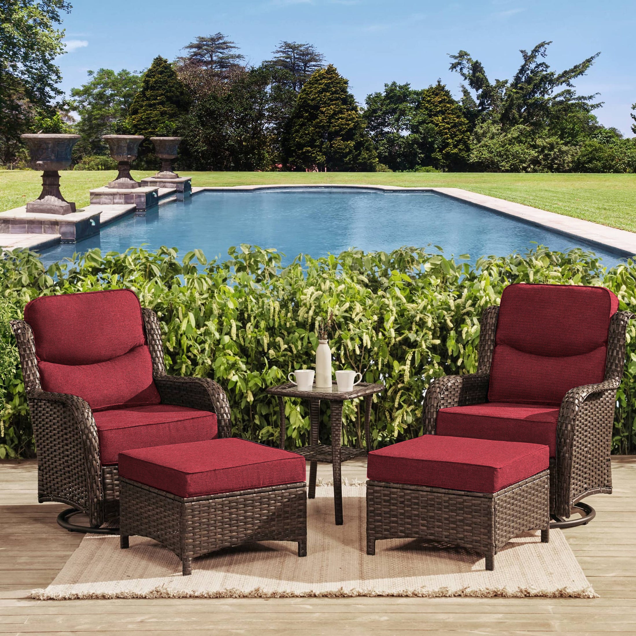 Hawthorne 5 Piece Outdoor Wicker Conversation Set With  Side Table & Ottomans For Balcony