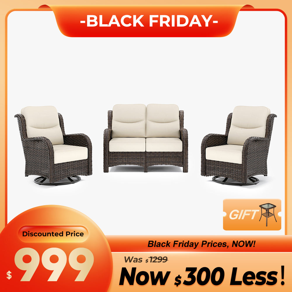 Hawthorne 4 Seater Patio Rattan Loveseat Set With Swivel Glider Chairs