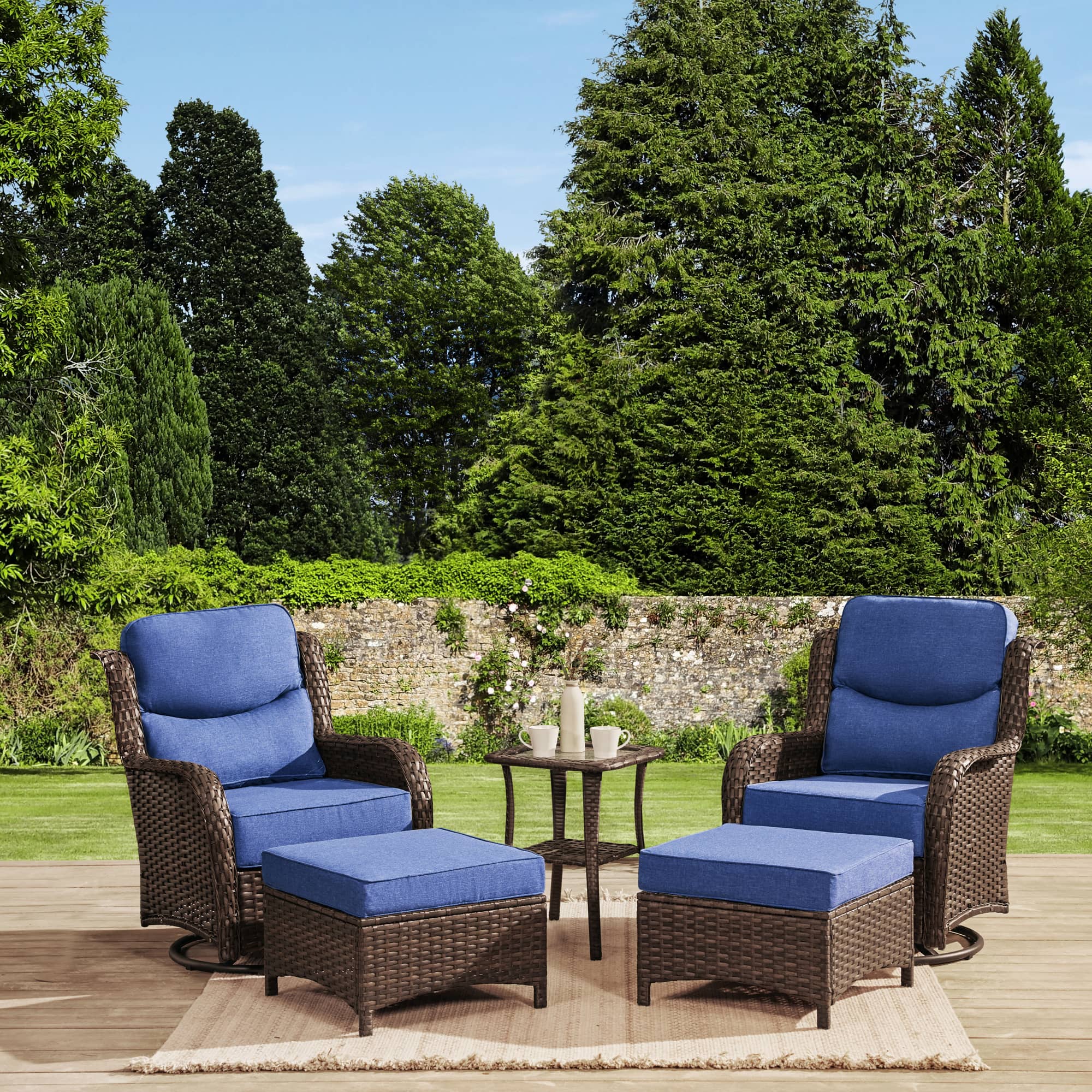 Swivel Glider Blue Conversation Set V2 With Ottomans