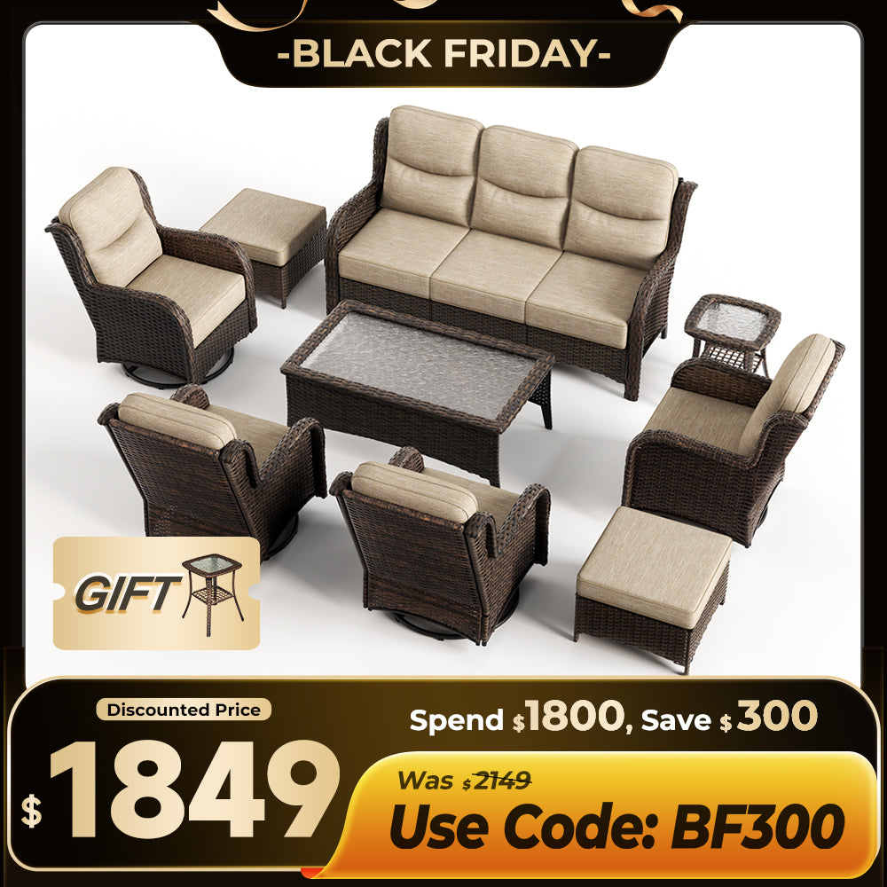 【Extra $300 OFF | CODE: BF300】Hawthorne 9 Pieces All Weather Outdoor Wicker Sofa Set with Tables and Cushions for Backyard