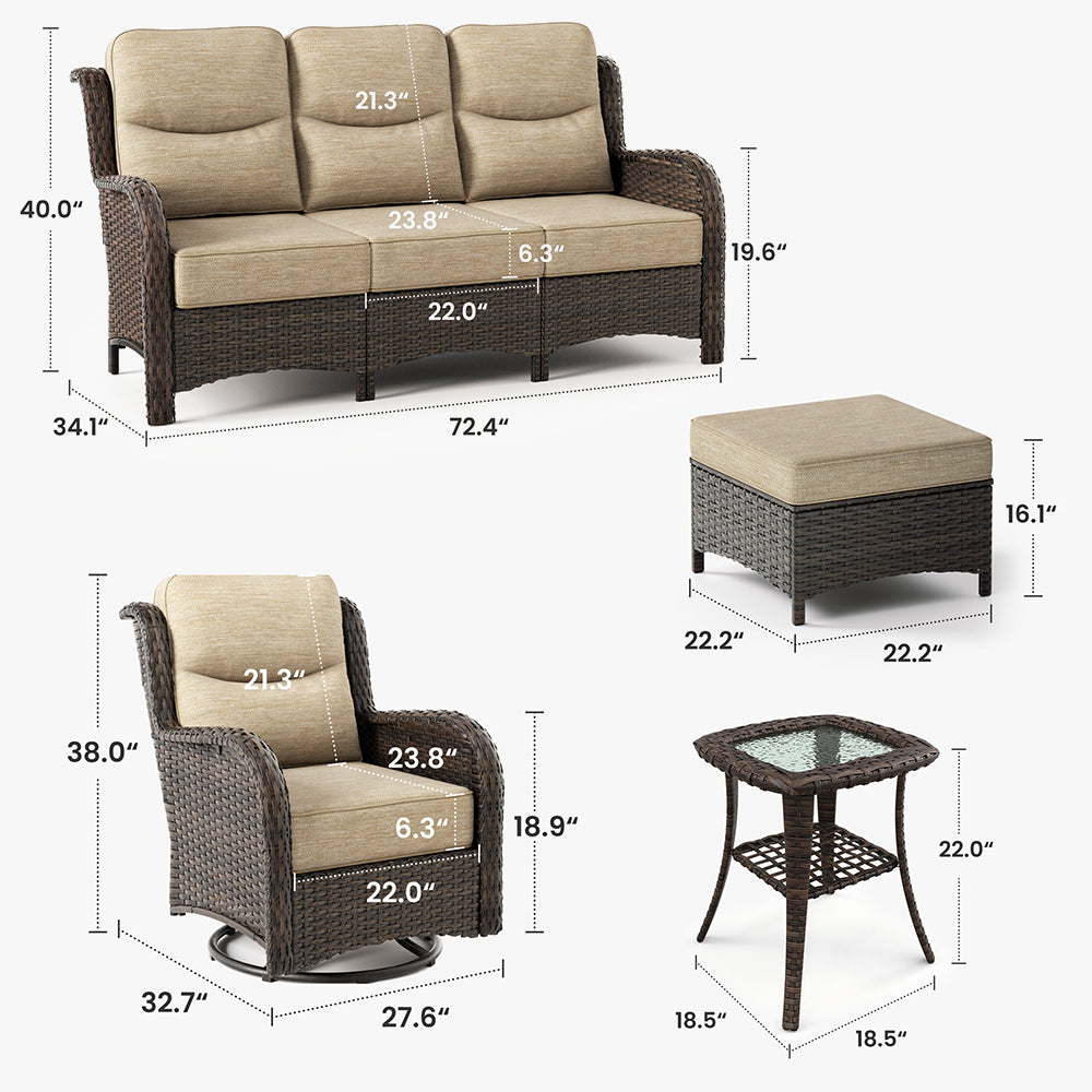 Hawthorne Sand Wicker Furniture Patio Sofa And Swivel Glider Chairs With 6-Inch Cushions