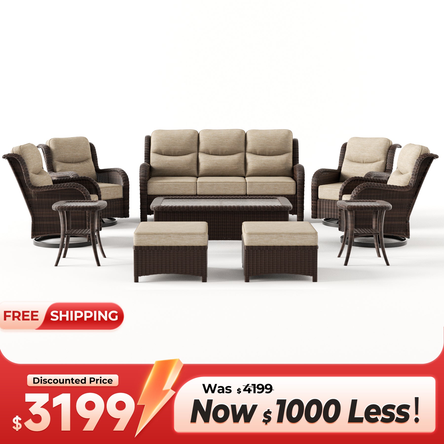 Ardenelle Luxury 9 Piece Patio Wicker Sofa Set With Ottomans, Tables And Covers