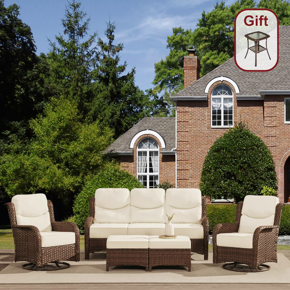Hawthorne 5 Piece Patio Rattan Sofa Set with Swivel Chairs & Ottomans