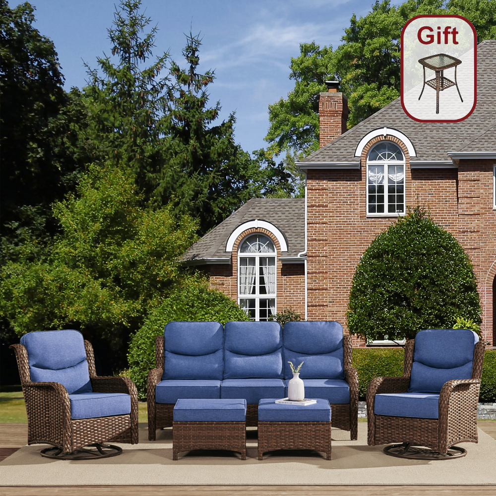 Hawthorne 5 Piece Patio Rattan Sofa Set with Swivel Chairs & Ottomans